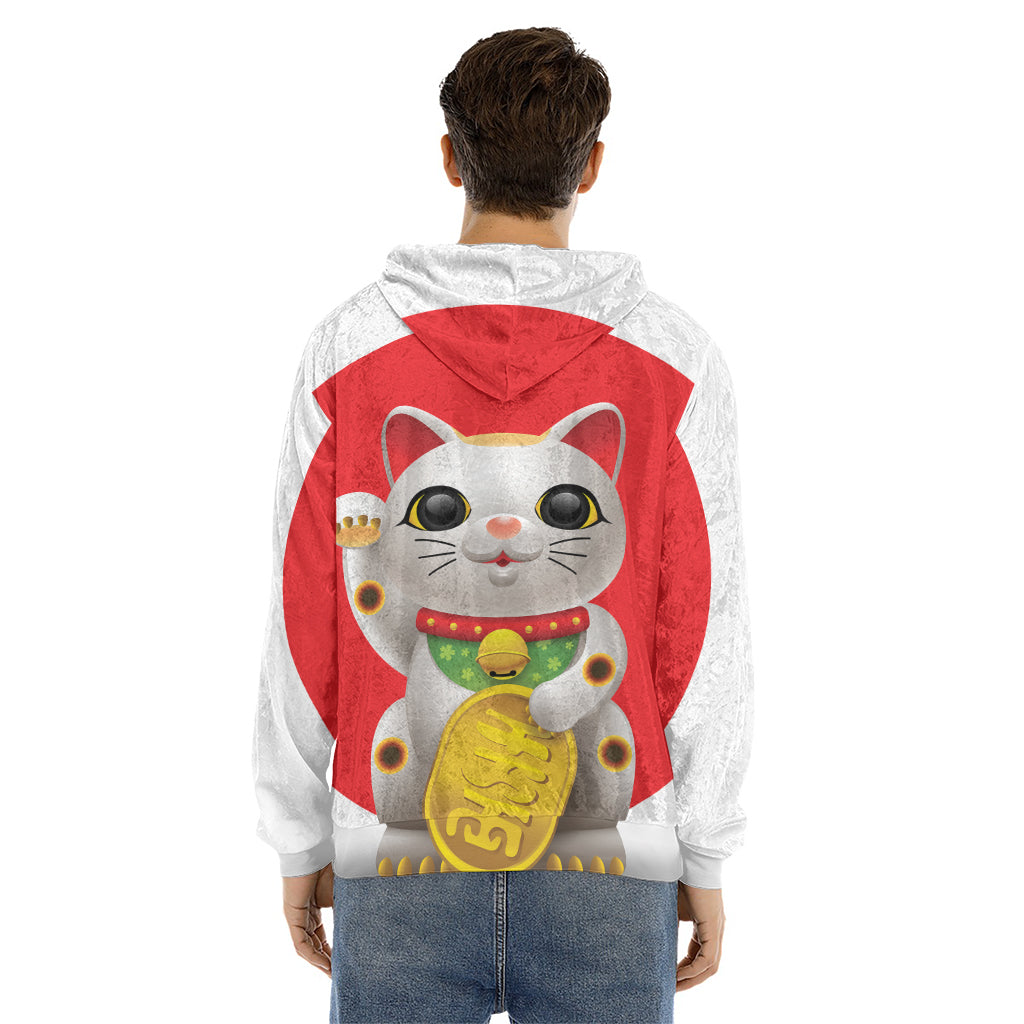 Japanese Lucky Cat Maneki Neko Print Men's Velvet Pullover Hoodie