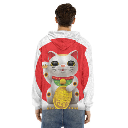 Japanese Lucky Cat Maneki Neko Print Men's Velvet Pullover Hoodie