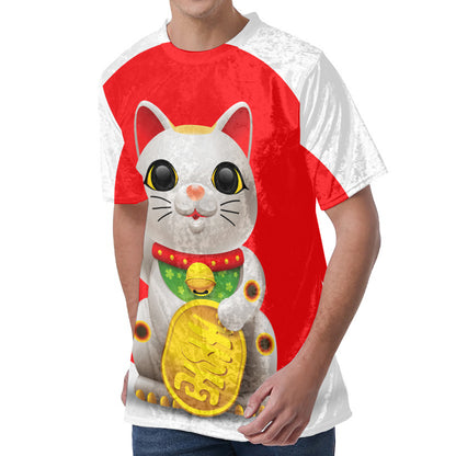 Japanese Lucky Cat Maneki Neko Print Men's Velvet T-Shirt
