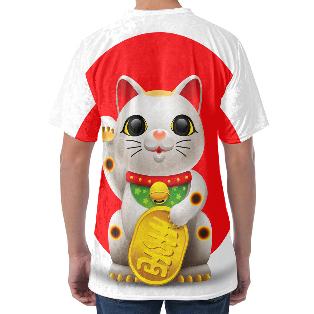 Japanese Lucky Cat Maneki Neko Print Men's Velvet T-Shirt