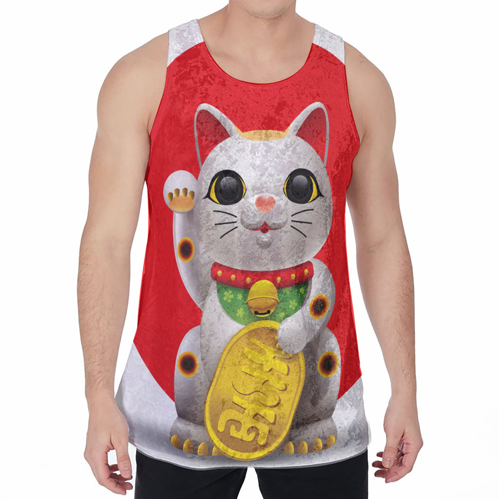 Japanese Lucky Cat Maneki Neko Print Men's Velvet Tank Top