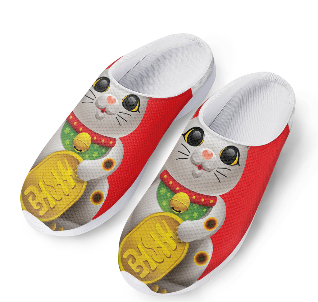 Japanese Lucky Cat Maneki Neko Print Mesh Casual Shoes