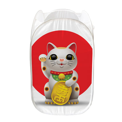Japanese Lucky Cat Maneki Neko Print Mesh Laundry Hamper