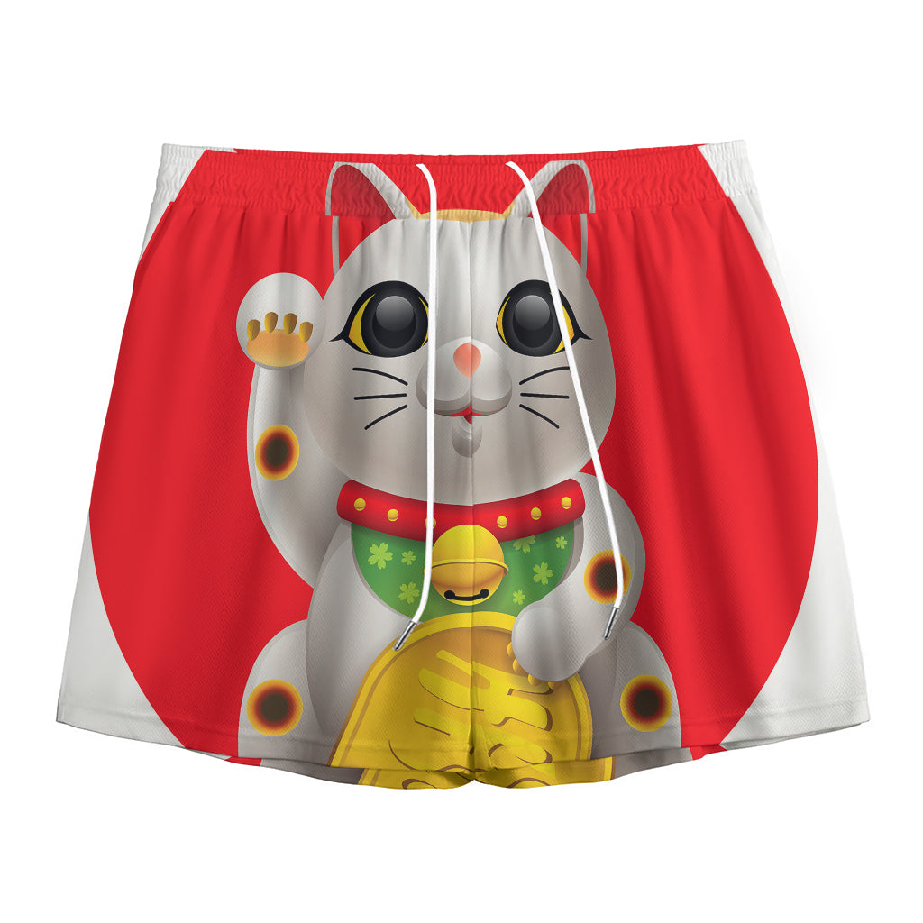 Japanese Lucky Cat Maneki Neko Print Mesh Shorts