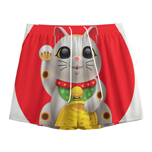 Japanese Lucky Cat Maneki Neko Print Mesh Shorts