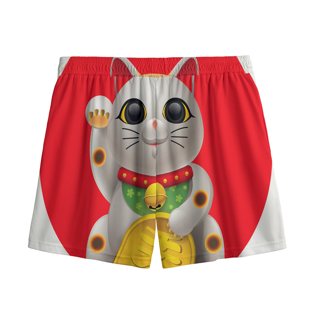 Japanese Lucky Cat Maneki Neko Print Mesh Shorts