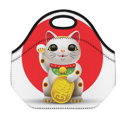 Japanese Lucky Cat Maneki Neko Print Neoprene Lunch Bag
