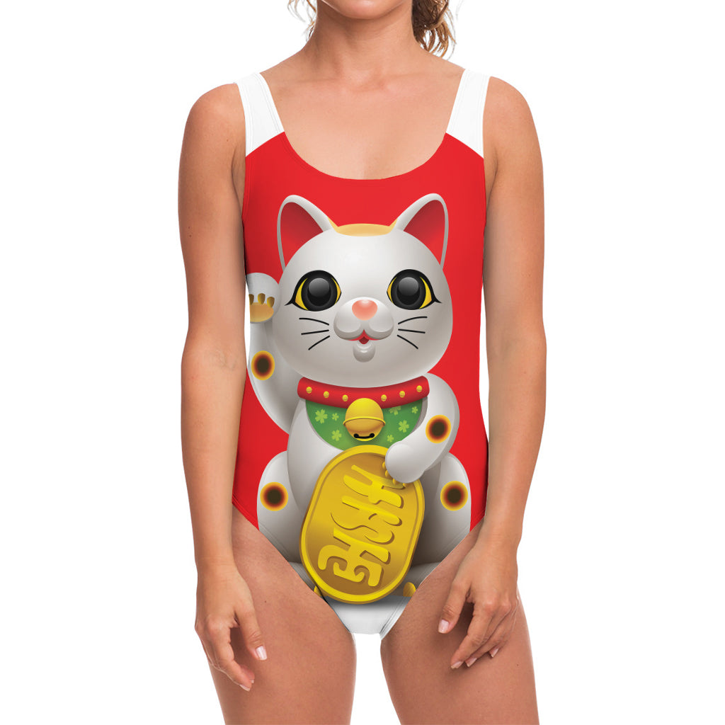 Japanese Lucky Cat Maneki Neko Print One Piece Swimsuit