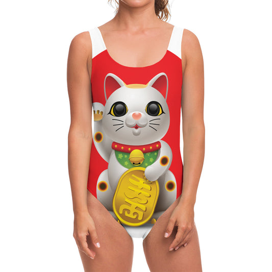 Japanese Lucky Cat Maneki Neko Print One Piece Swimsuit