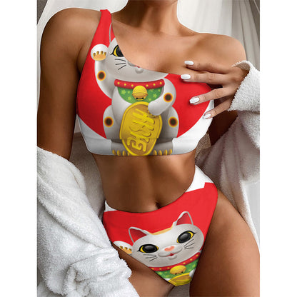 Japanese Lucky Cat Maneki Neko Print One Shoulder Bikini Top