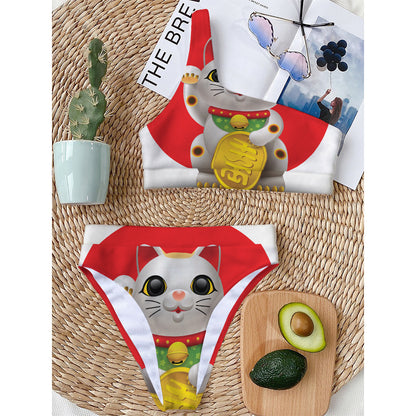 Japanese Lucky Cat Maneki Neko Print One Shoulder Bikini Top
