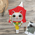 Japanese Lucky Cat Maneki Neko Print One Shoulder Bodysuit