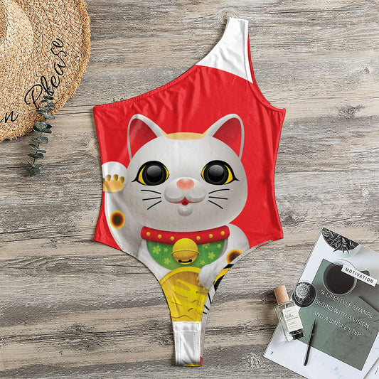 Japanese Lucky Cat Maneki Neko Print One Shoulder Bodysuit