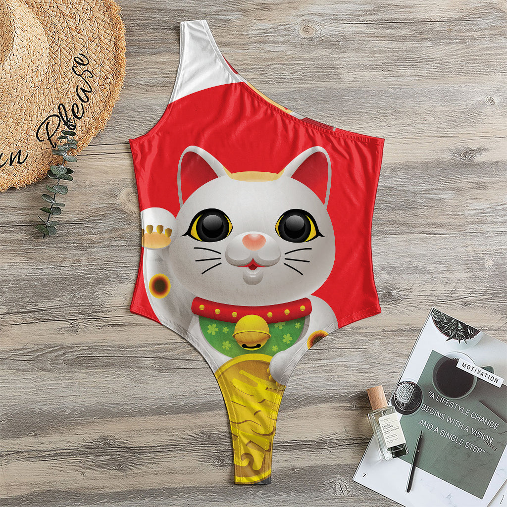 Japanese Lucky Cat Maneki Neko Print One Shoulder Bodysuit