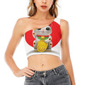 Japanese Lucky Cat Maneki Neko Print One Shoulder Crop Top