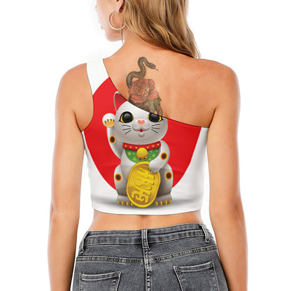 Japanese Lucky Cat Maneki Neko Print One Shoulder Crop Top