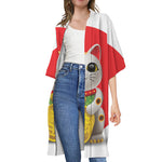 Japanese Lucky Cat Maneki Neko Print Open Front Beach Cover Up