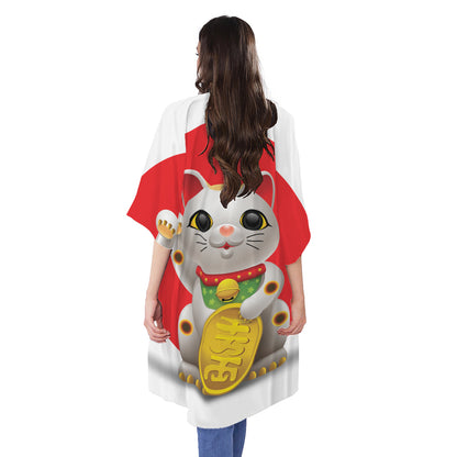 Japanese Lucky Cat Maneki Neko Print Open Front Beach Cover Up