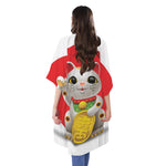 Japanese Lucky Cat Maneki Neko Print Open Front Beach Cover Up