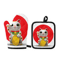 Japanese Lucky Cat Maneki Neko Print Oven Mitt And Pot Holder Set