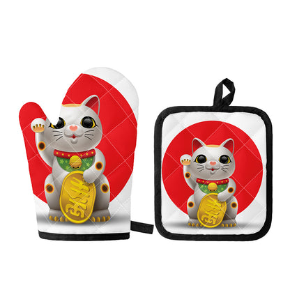 Japanese Lucky Cat Maneki Neko Print Oven Mitt And Pot Holder Set