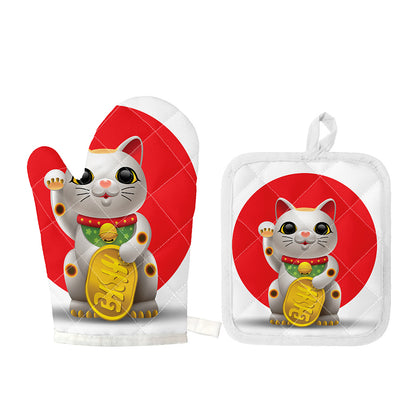 Japanese Lucky Cat Maneki Neko Print Oven Mitt And Pot Holder Set