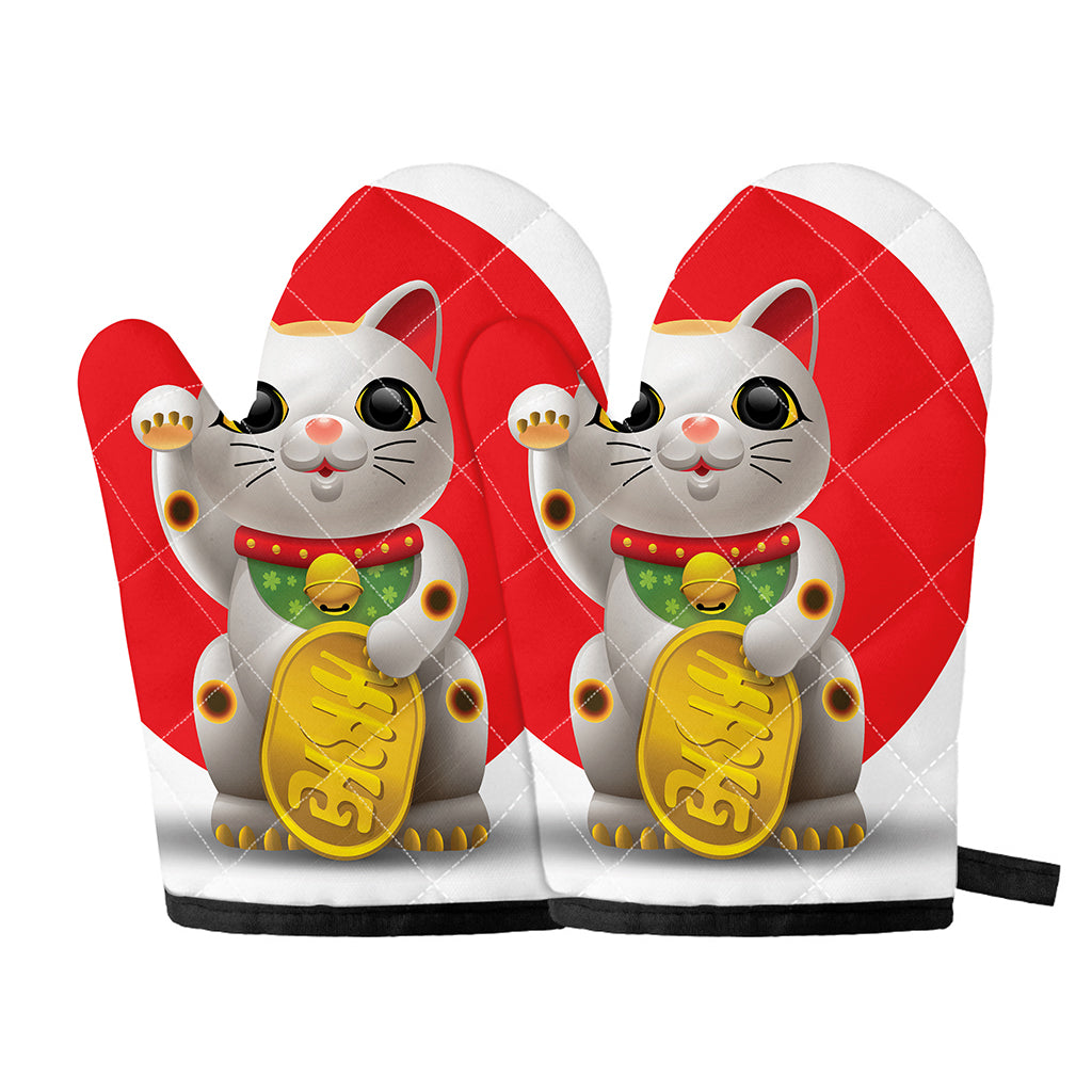 Japanese Lucky Cat Maneki Neko Print Oven Mitts