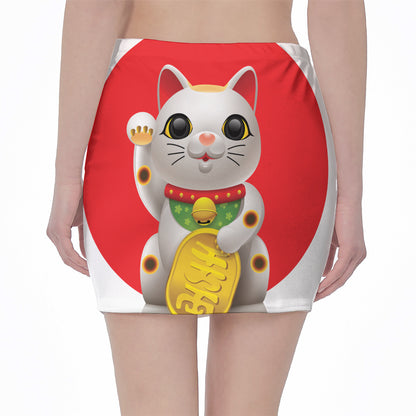 Japanese Lucky Cat Maneki Neko Print Pencil Mini Skirt