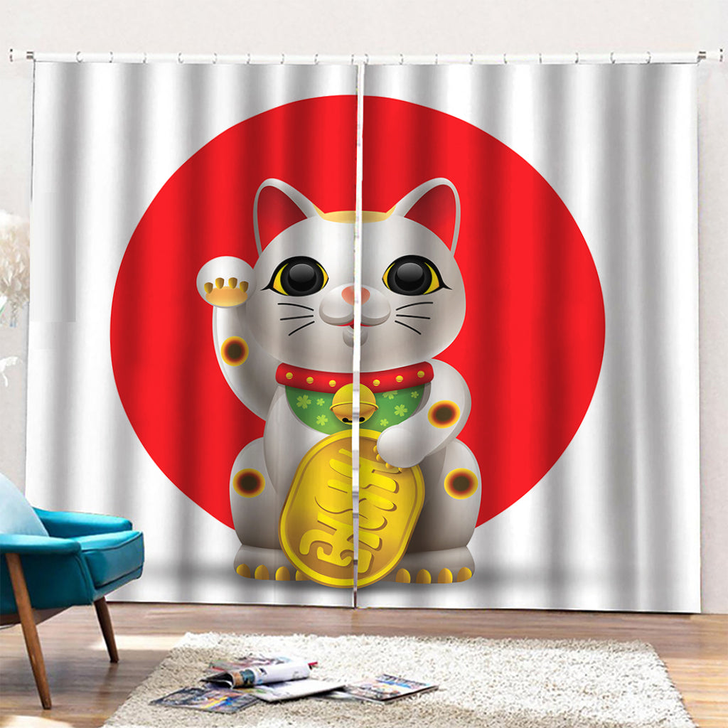Japanese Lucky Cat Maneki Neko Print Pencil Pleat Curtains