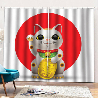 Japanese Lucky Cat Maneki Neko Print Pencil Pleat Curtains