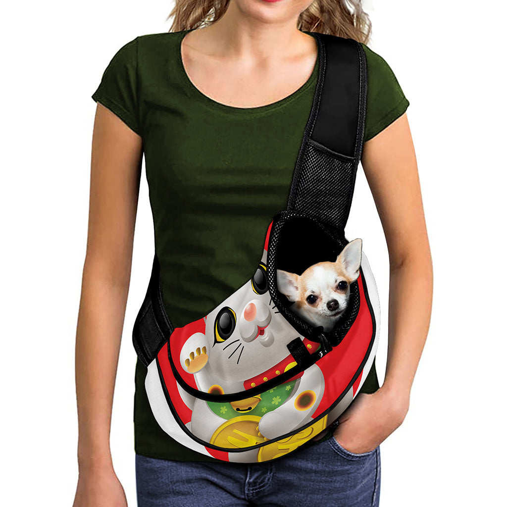 Japanese Lucky Cat Maneki Neko Print Pet Sling Carrier