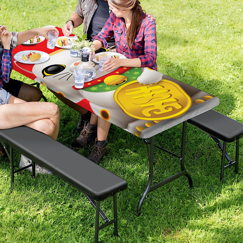 Japanese Lucky Cat Maneki Neko Print Picnic Table Cover