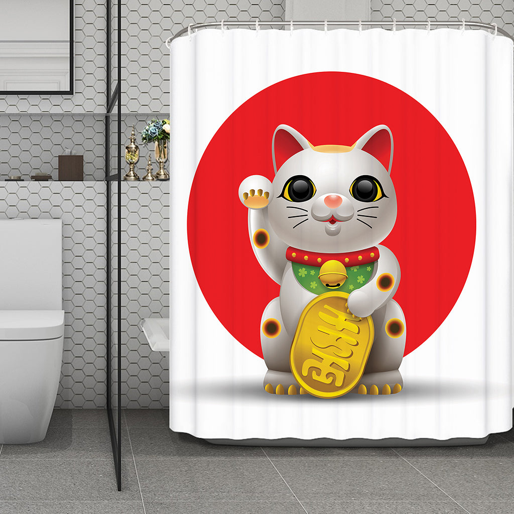 Japanese Lucky Cat Maneki Neko Print Polyester Shower Curtain