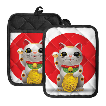 Japanese Lucky Cat Maneki Neko Print Pot Holders With Pocket