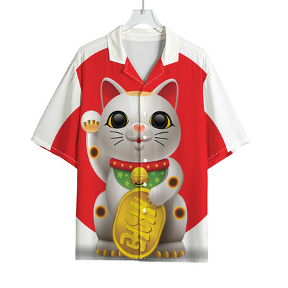 Japanese Lucky Cat Maneki Neko Print Rayon Hawaiian Shirt