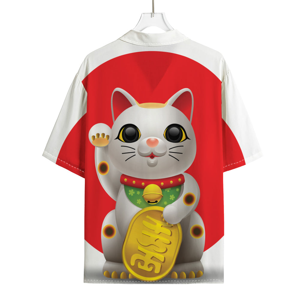 Japanese Lucky Cat Maneki Neko Print Rayon Hawaiian Shirt