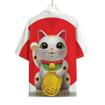 Japanese Lucky Cat Maneki Neko Print Rayon Hawaiian Shirt