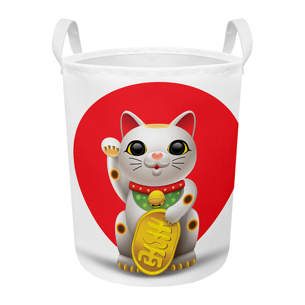 Japanese Lucky Cat Maneki Neko Print Round Laundry Basket