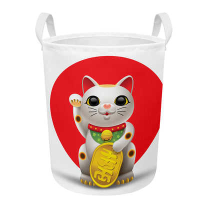 Japanese Lucky Cat Maneki Neko Print Round Laundry Basket