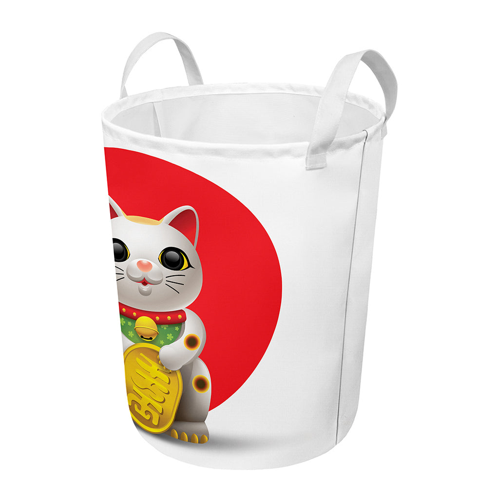 Japanese Lucky Cat Maneki Neko Print Round Laundry Basket
