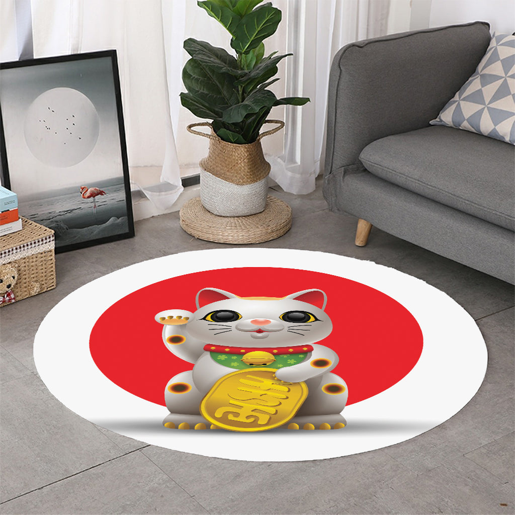 Japanese Lucky Cat Maneki Neko Print Round Rug