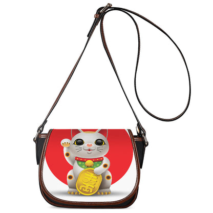 Japanese Lucky Cat Maneki Neko Print Saddle Bag