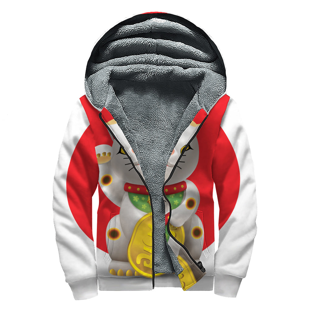 Japanese Lucky Cat Maneki Neko Print Sherpa Lined Zip Up Hoodie