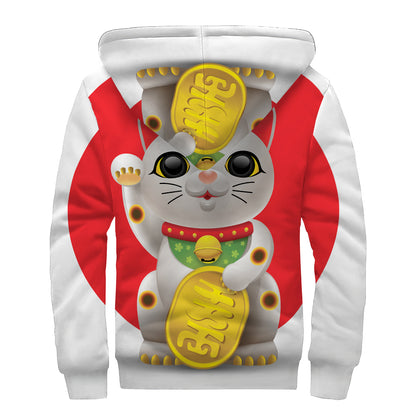 Japanese Lucky Cat Maneki Neko Print Sherpa Lined Zip Up Hoodie