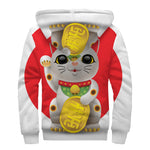 Japanese Lucky Cat Maneki Neko Print Sherpa Lined Zip Up Hoodie