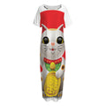 Japanese Lucky Cat Maneki Neko Print Short Sleeve Long Nightdress