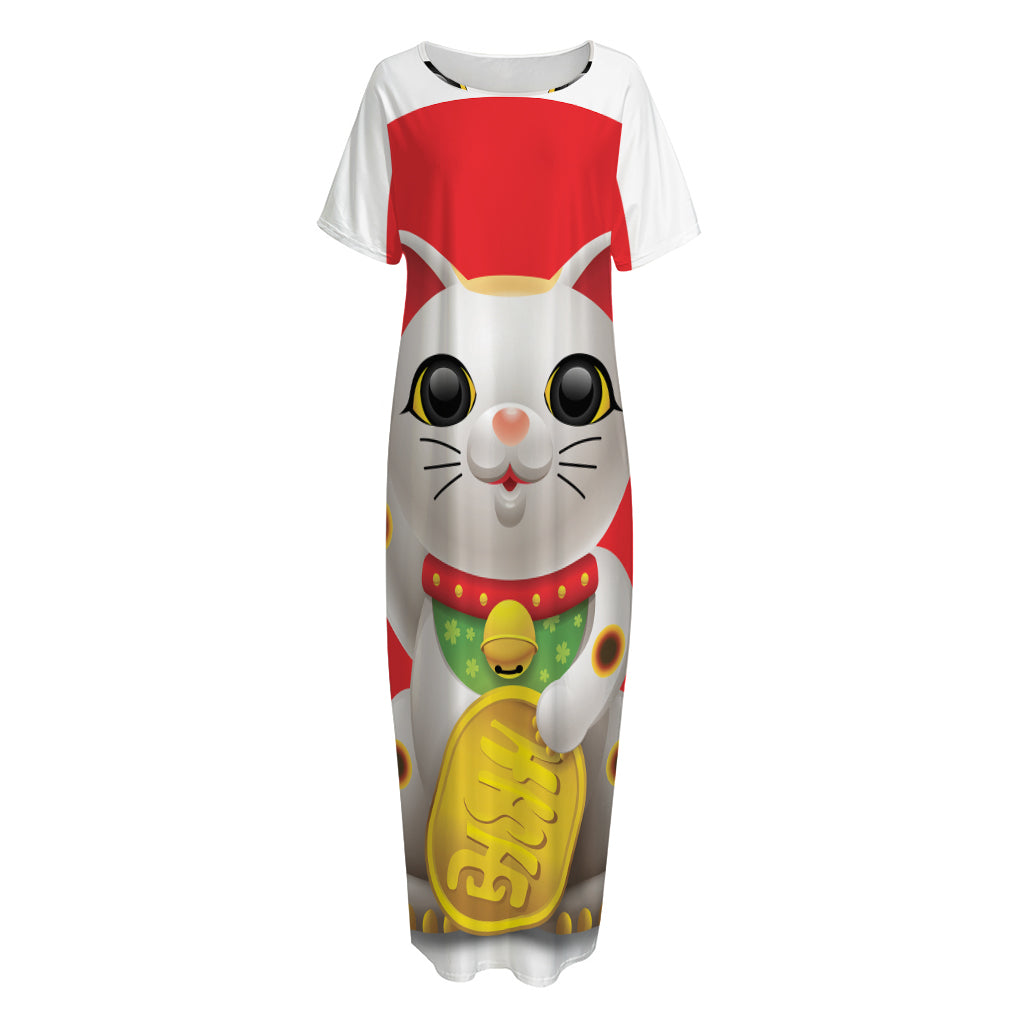 Japanese Lucky Cat Maneki Neko Print Short Sleeve Long Nightdress