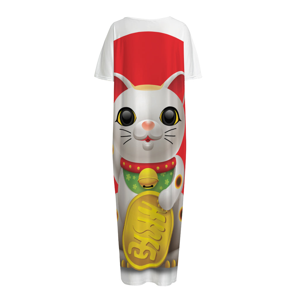 Japanese Lucky Cat Maneki Neko Print Short Sleeve Long Nightdress
