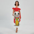 Japanese Lucky Cat Maneki Neko Print Short Sleeve Maxi Dress