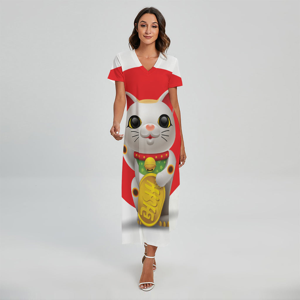 Japanese Lucky Cat Maneki Neko Print Short Sleeve Maxi Dress
